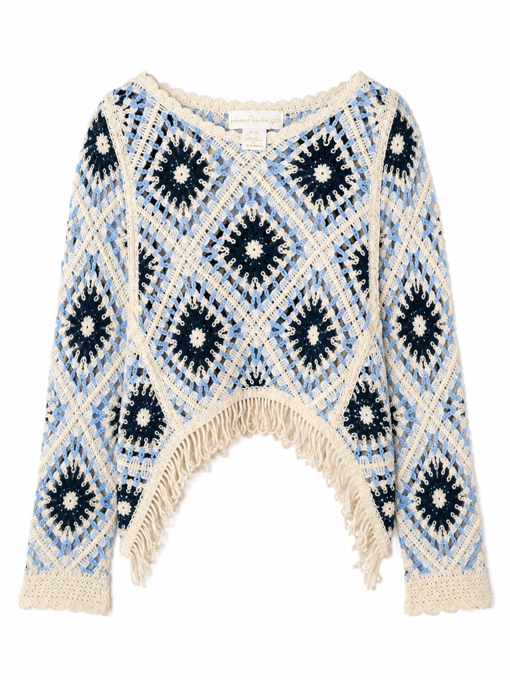 House of Harlow 1960 Crochet Fringe Poncho Sweater Blue‎ Granny Square Boho NWT